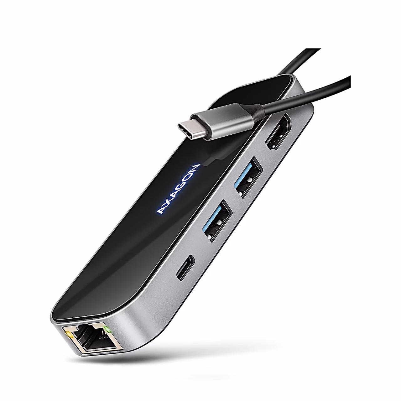 AXAGON HMC-6GLN jagaja RJ-45-port ja USB-pordid valgel taustal
