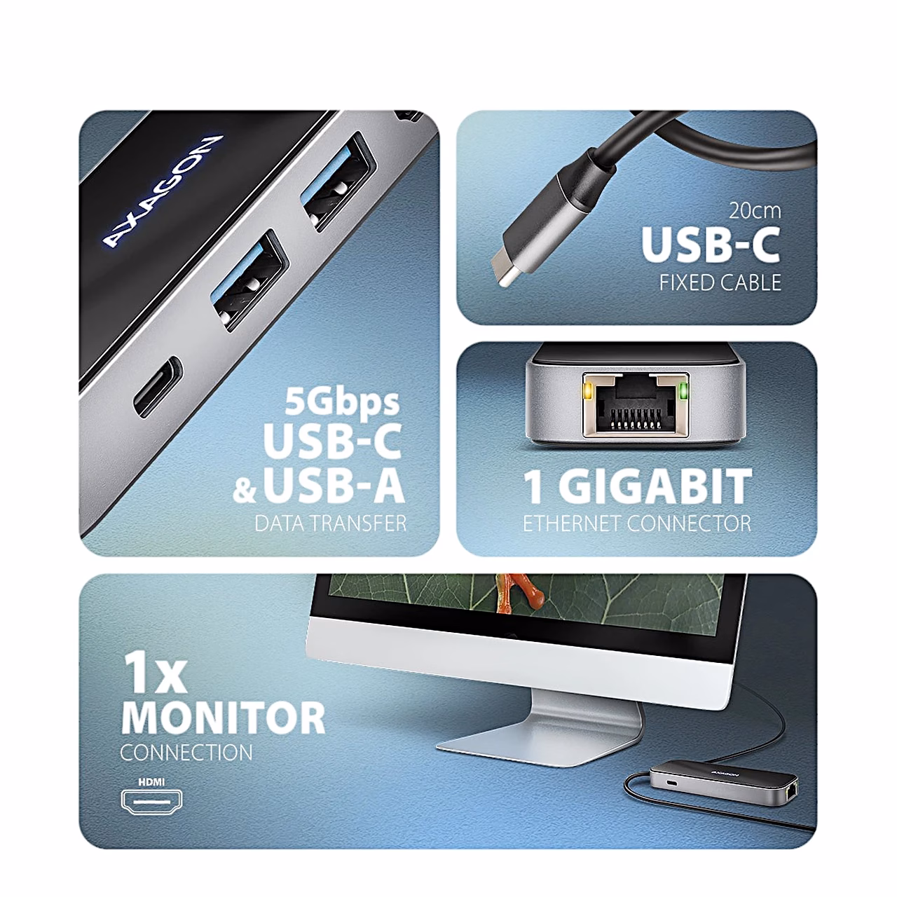 AXAGON HMC-6GLN USB-C hub 5 Gbit/s portide, võrgupordi ja monitoriühendusega