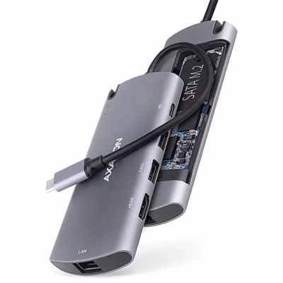 USB-C-jagaja AXAGON HMC-6M2 pordid ja tagakülje SATA M.2 pesa
