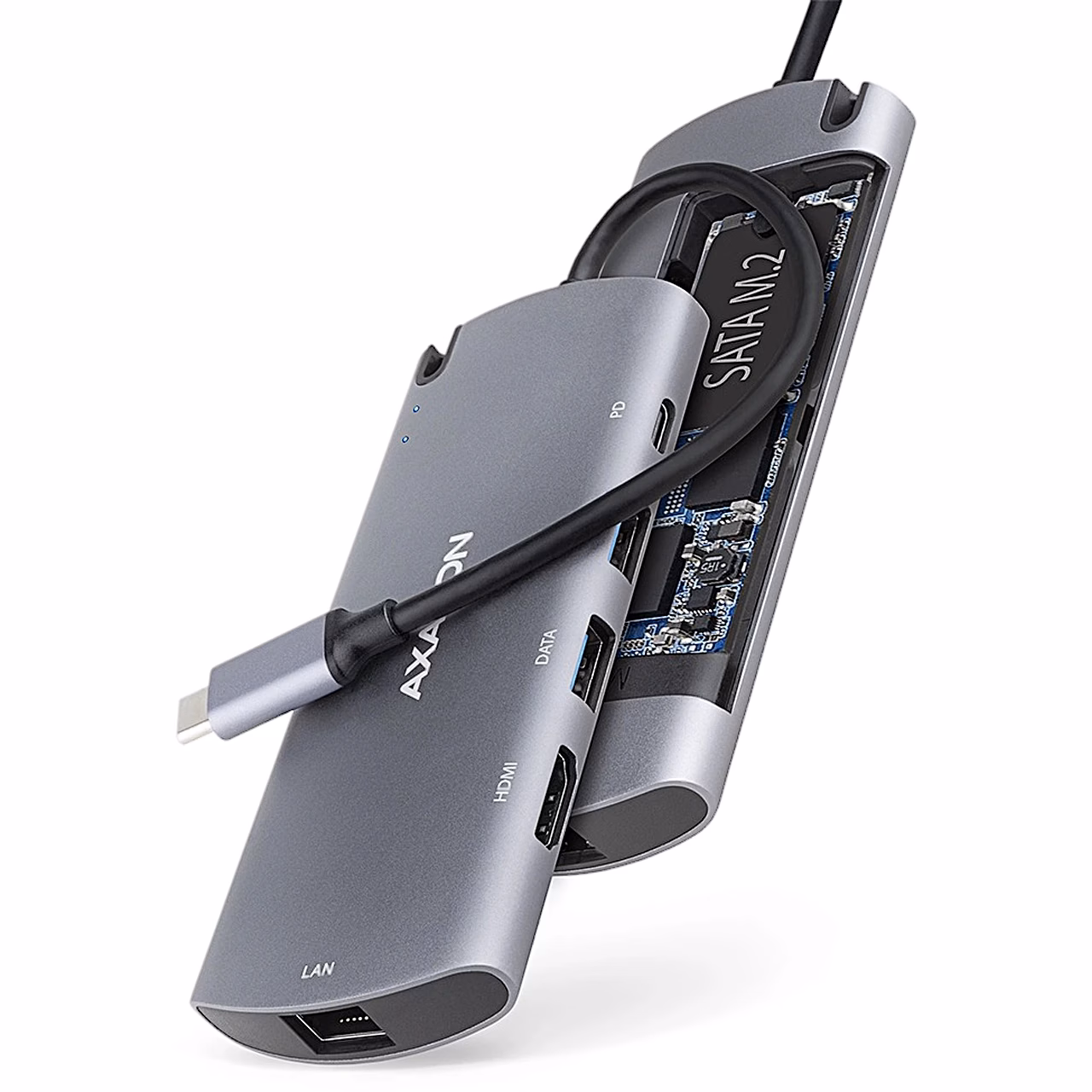 USB-C-jagaja AXAGON HMC-6M2 pordid ja tagakülje SATA M.2 pesa
