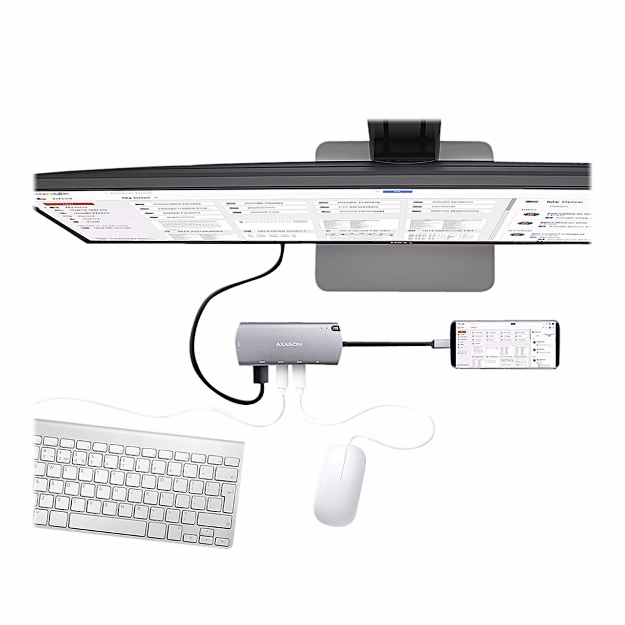 AXAGON HMC-6M2 telefoni, monitori, klaviatuuri ja hiirega laual
