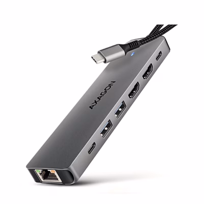 USB-C-jagaja AXAGON HMC-7HX2 hallis korpuses, pordid ja punutud USB-C-kaabel