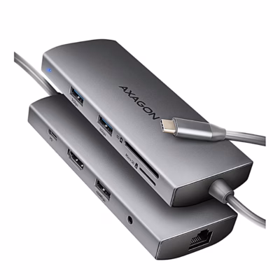 USB-C-jagaja AXAGON HMC-8HLSA mõlema külje pordid ja USB-C-kaabel