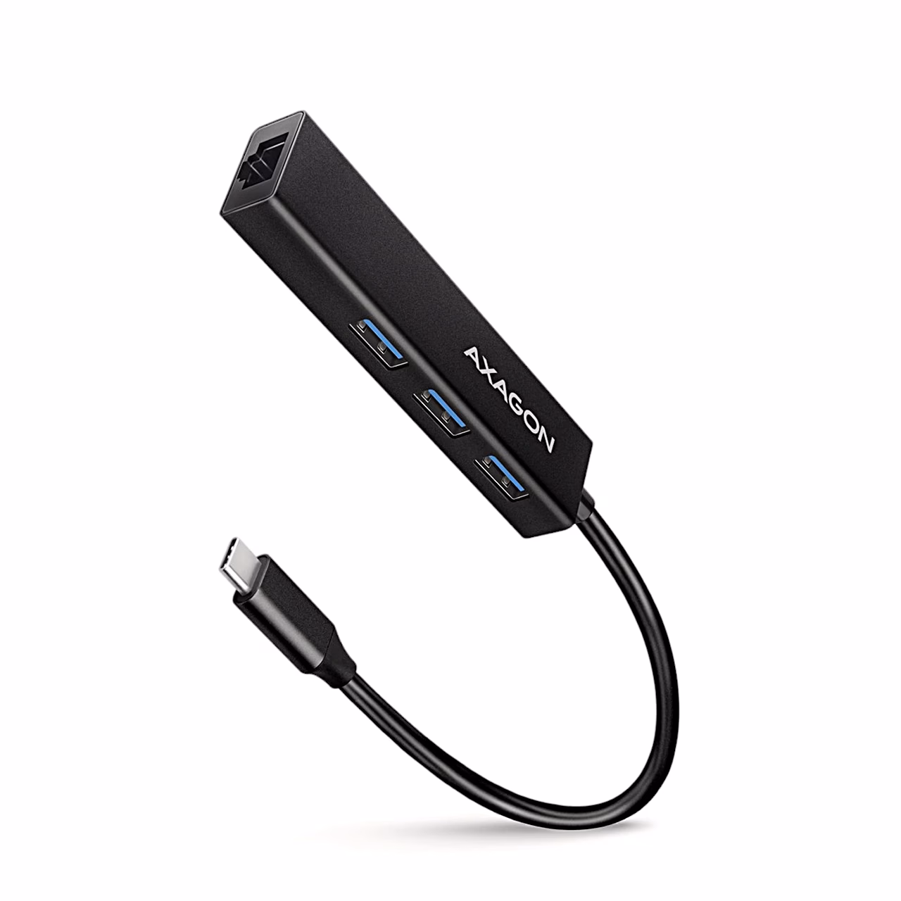 USB-C-jagaja AXAGON HMC-GL3A kolme USB-A-pordi, RJ45-pordi ja USB-C-kaabliga