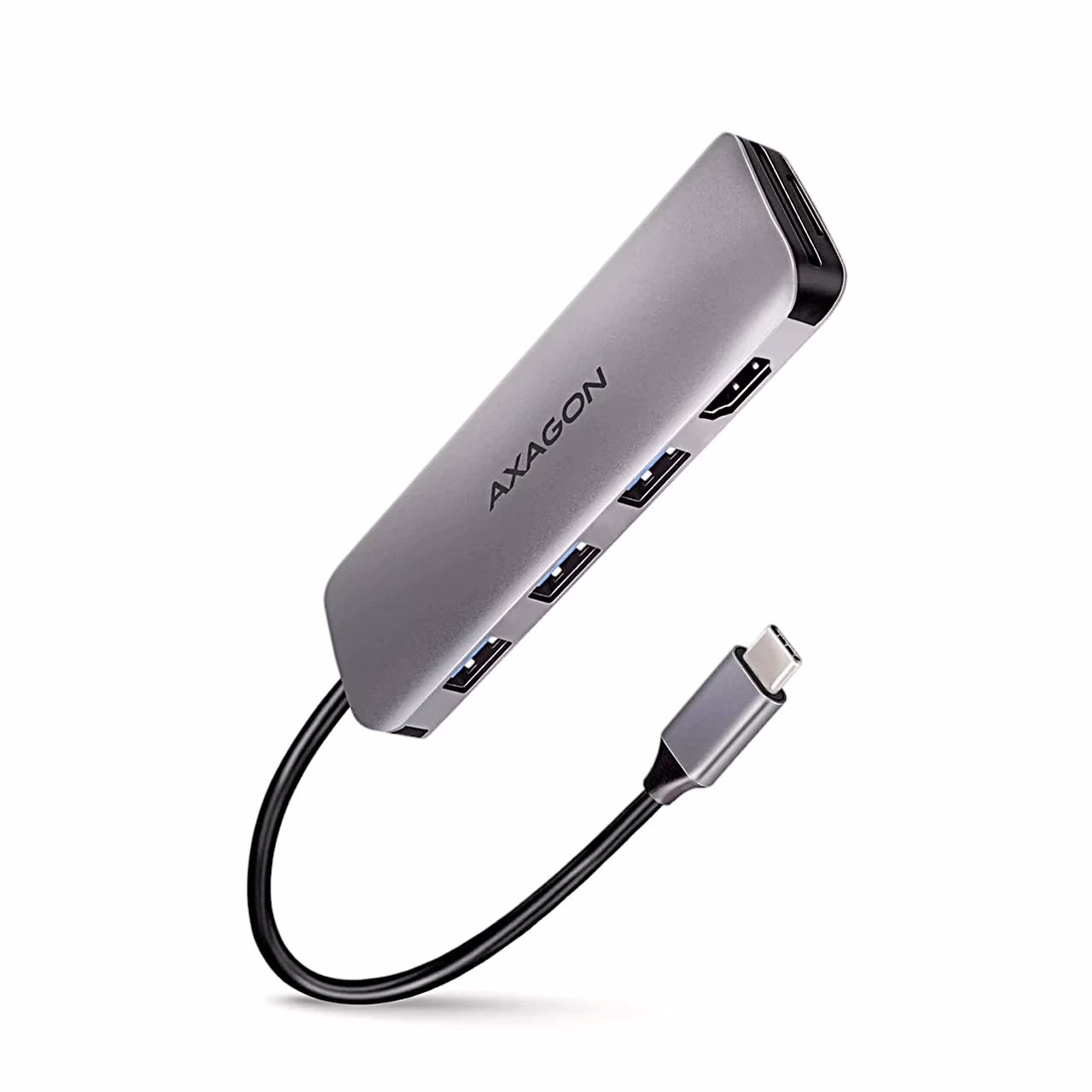 AXAGON HMC-HCR3A USB-C-jagaja püsikaabli ja USB-C-pistikuga küljelt