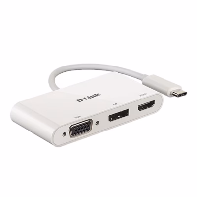 USB-C-jagaja D-Link DUB-V310 VGA-, DisplayPort- ja HDMI-pordiga, vaade nurga alt