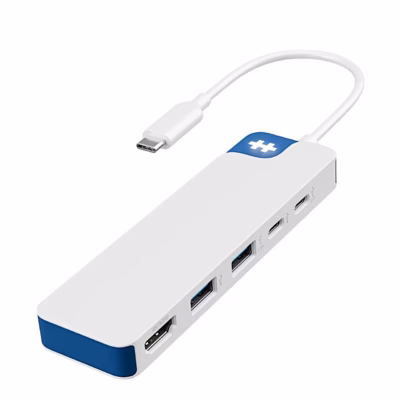 USB-C-jagaja HyperDrive Flex HD4101BUGL valge-sinine korpus ja USB-C-kaabel
