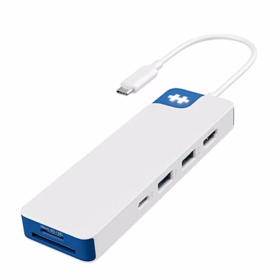 Valge-sinine USB-C-jagaja Hyper HyperDrive Flex HD4102B kaardipesade ja USB-C-kaabliga
