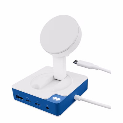 Valge-sinine USB-C-jagaja Hyper HyperDrive Flex MagCharge HD8100B laadimisaluse ja kaabliga