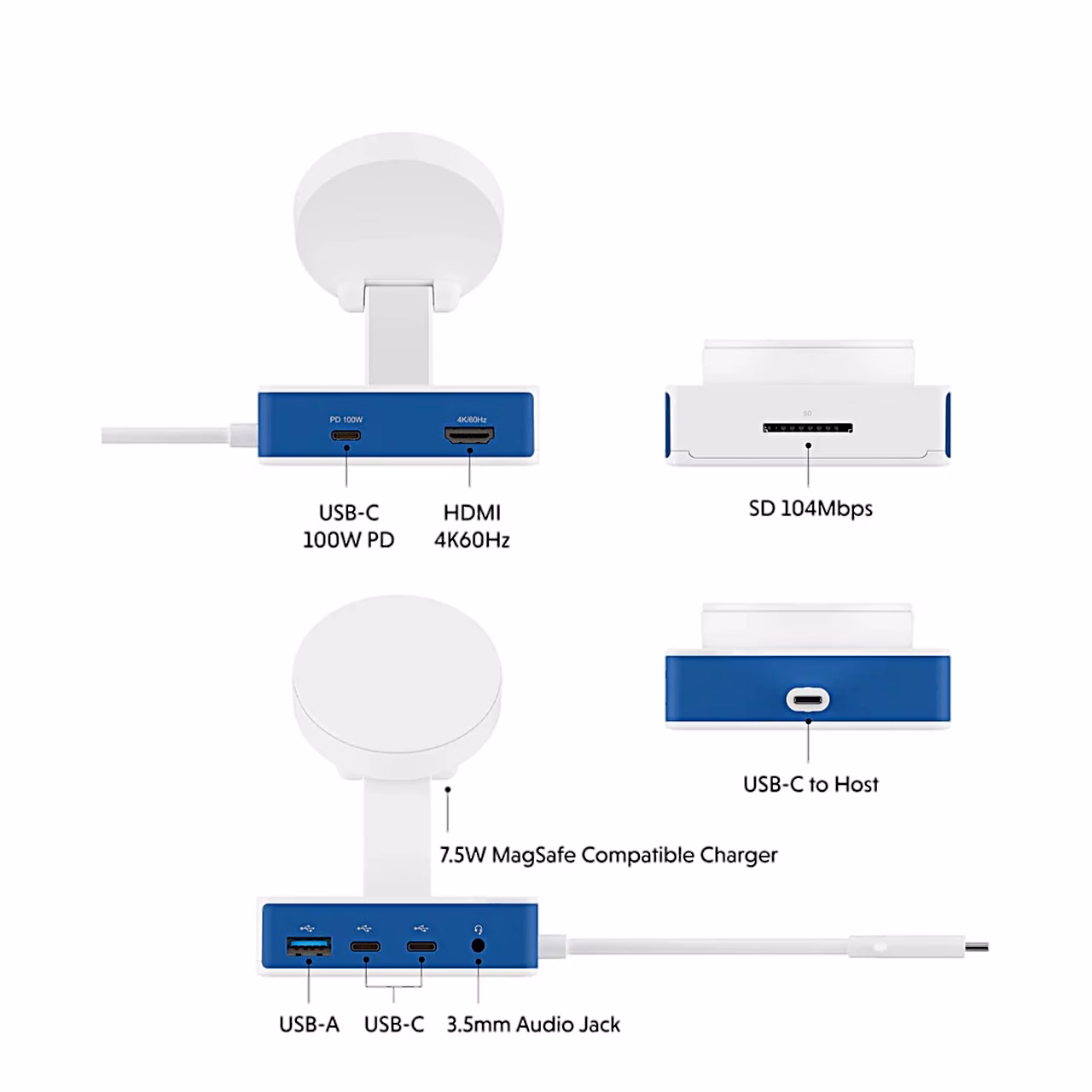 USB-C-jagaja Hyper HyperDrive Flex MagCharge HD8100B portide skeem nimetustega