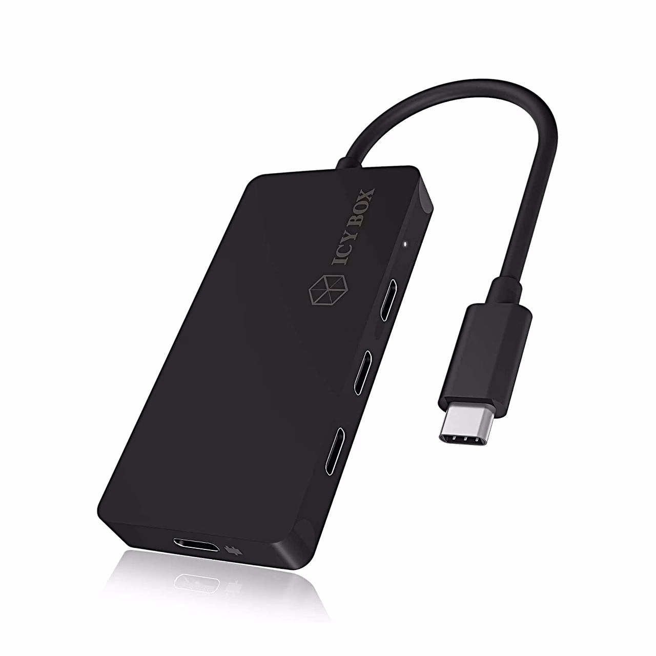 Püsti asetatud USB-C-jagaja ICY BOX IB-HUB1429-CPD koos USB-C-kaabliga