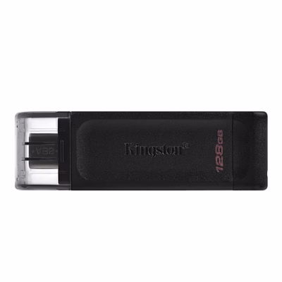 Must USB-mälupulk Kingston DataTraveler 70 läbipaistva korgiga, eestvaade