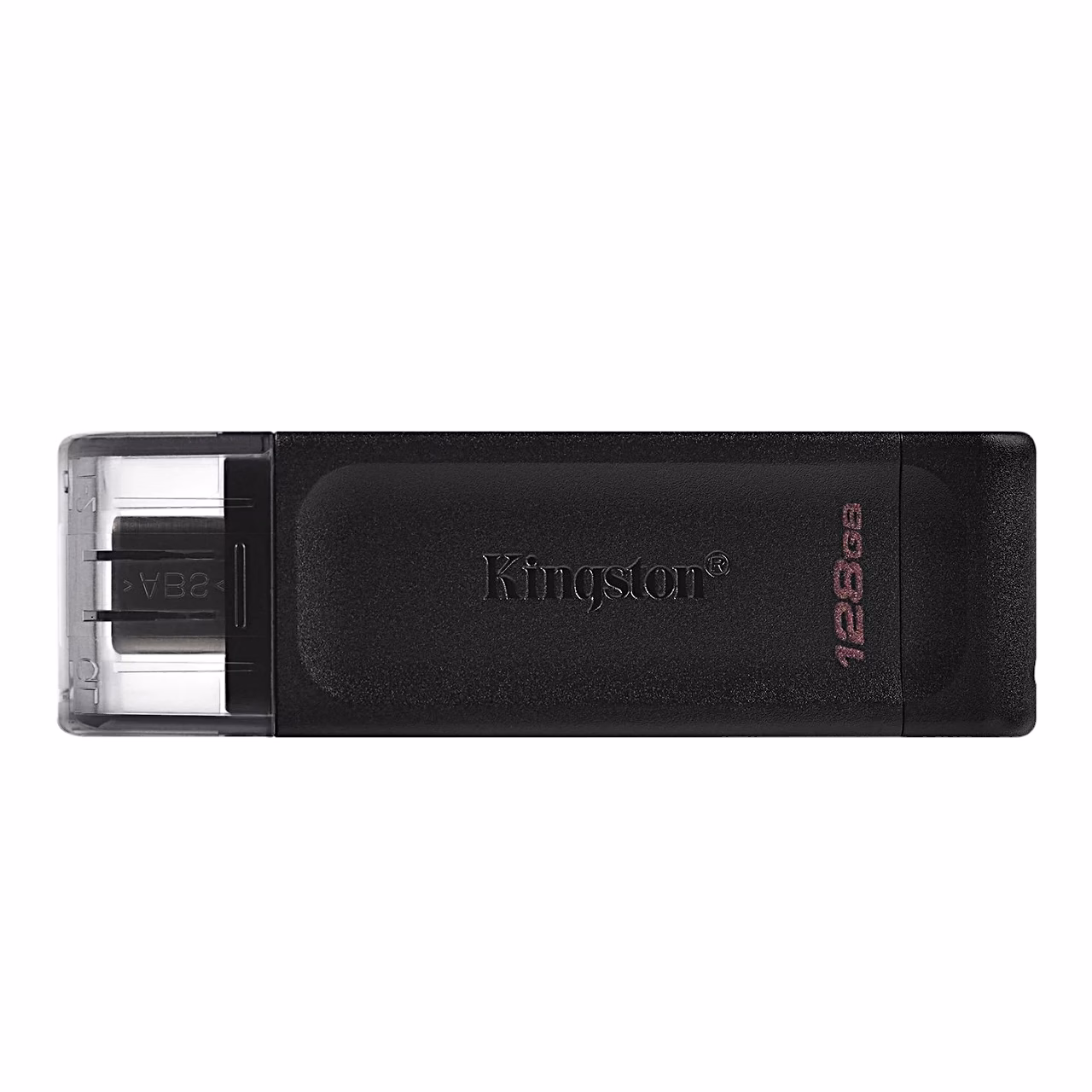 Must USB-mälupulk Kingston DataTraveler 70 läbipaistva korgiga, eestvaade