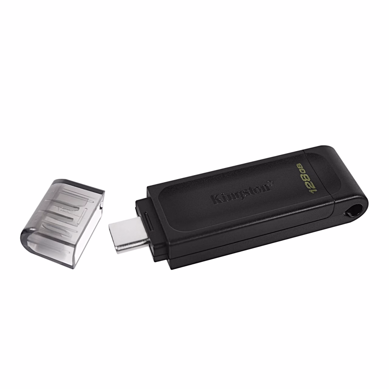 Kingston DataTraveler 70 USB-C-pistik ja kork kõrvuti