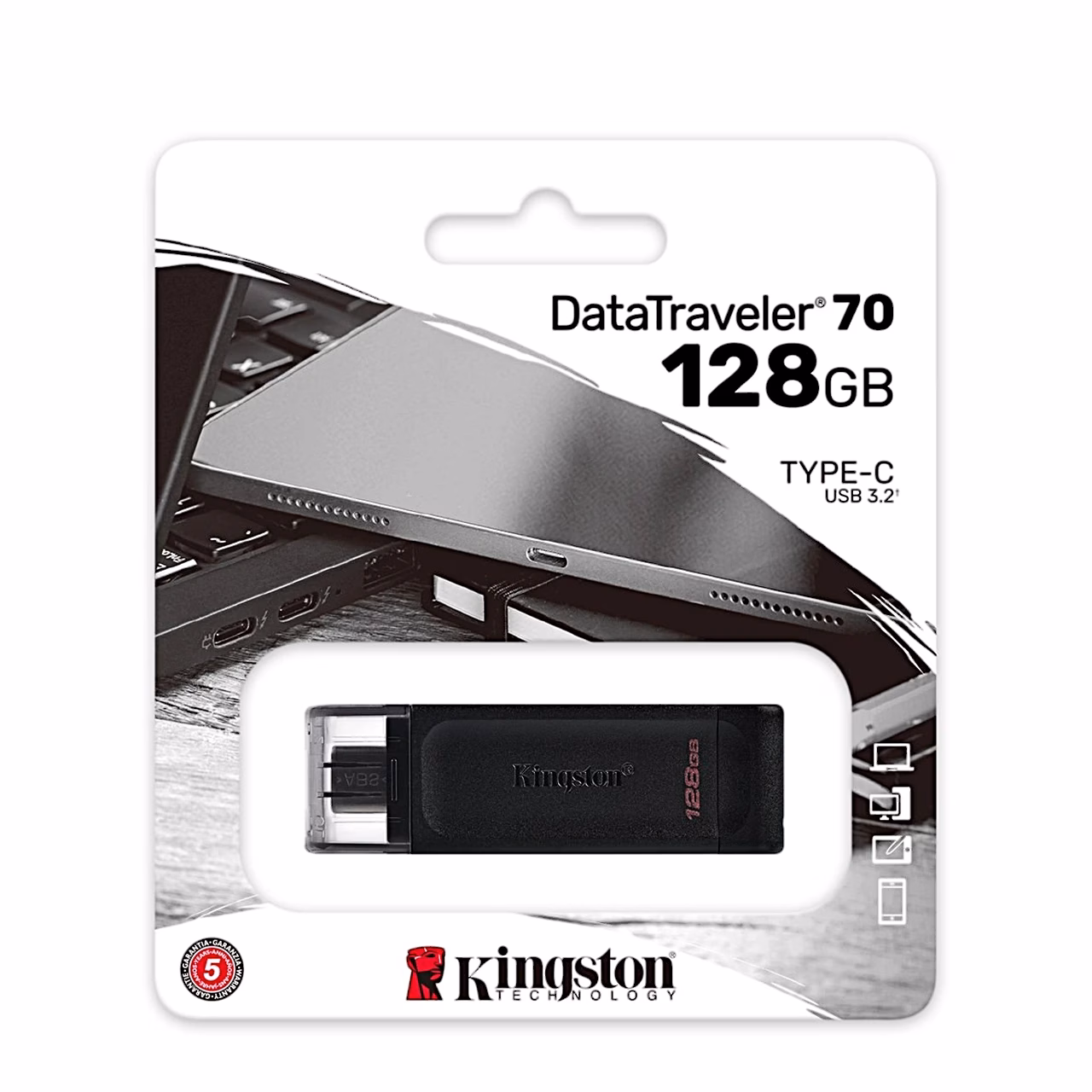Kingston DataTraveler 70 müügipakend esiküljelt, mahutavus 128 GB