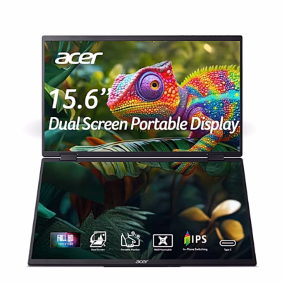 Kahe ekraaniga arvutimonitor Acer PD163Qbmiuux eestvaates, ekraanil tunnusikoonid