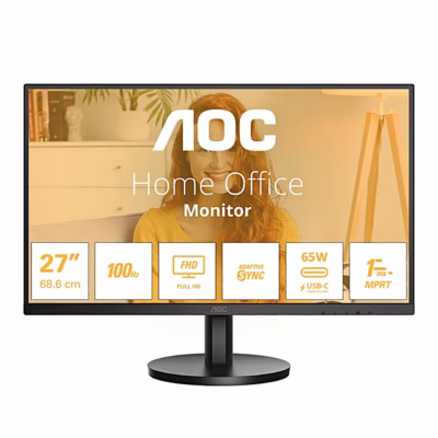 AOC 27B3CA2 arvutimonitor eestvaates, ekraanil peamised tehnilised näitajad