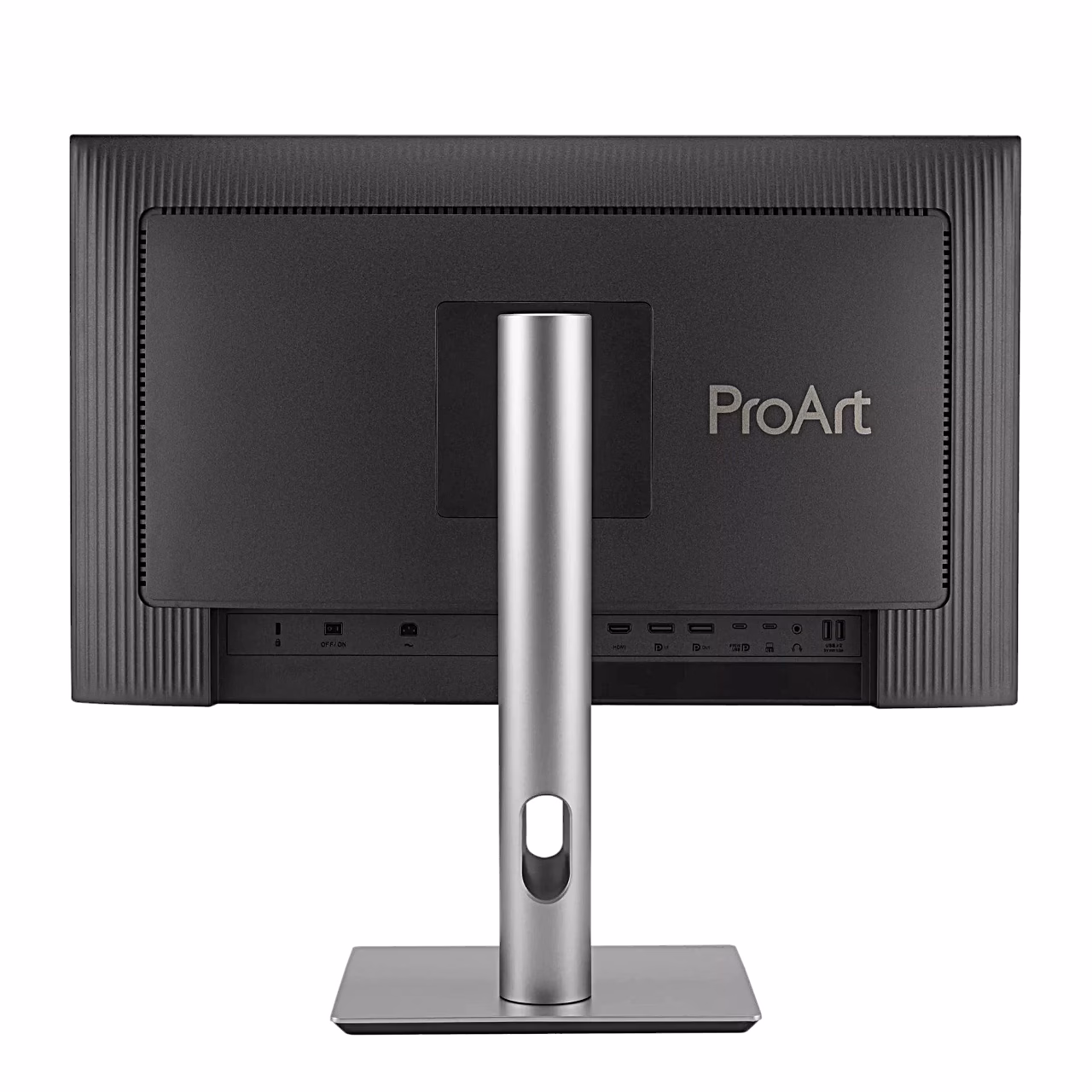ASUS ProArt PA249CGV tagakülg, kaabliava jalas ja ProArt logo