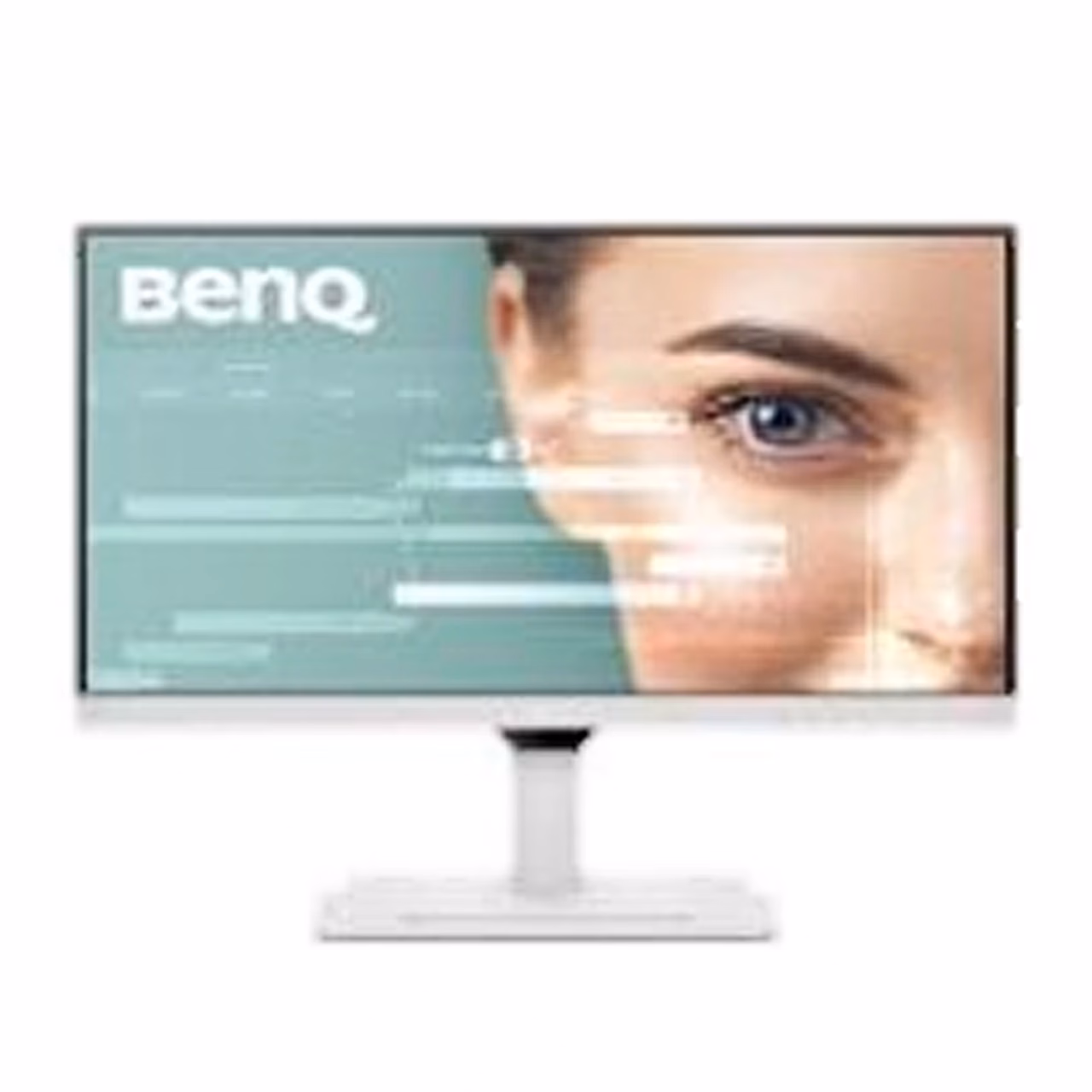 Valge BenQ GW2790QT arvutimonitor eestvaates, ekraanil naise silm