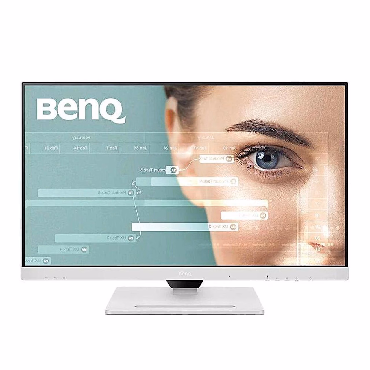 BenQ GW2790QT arvutimonitor lähemalt eest, valge alus ja kitsas raam
