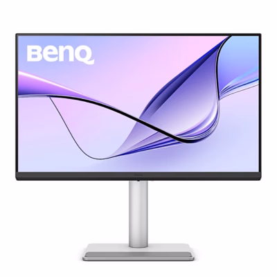 Arvutimonitor BenQ MA270UP otse eest, ekraanil lilla laineline taustapilt