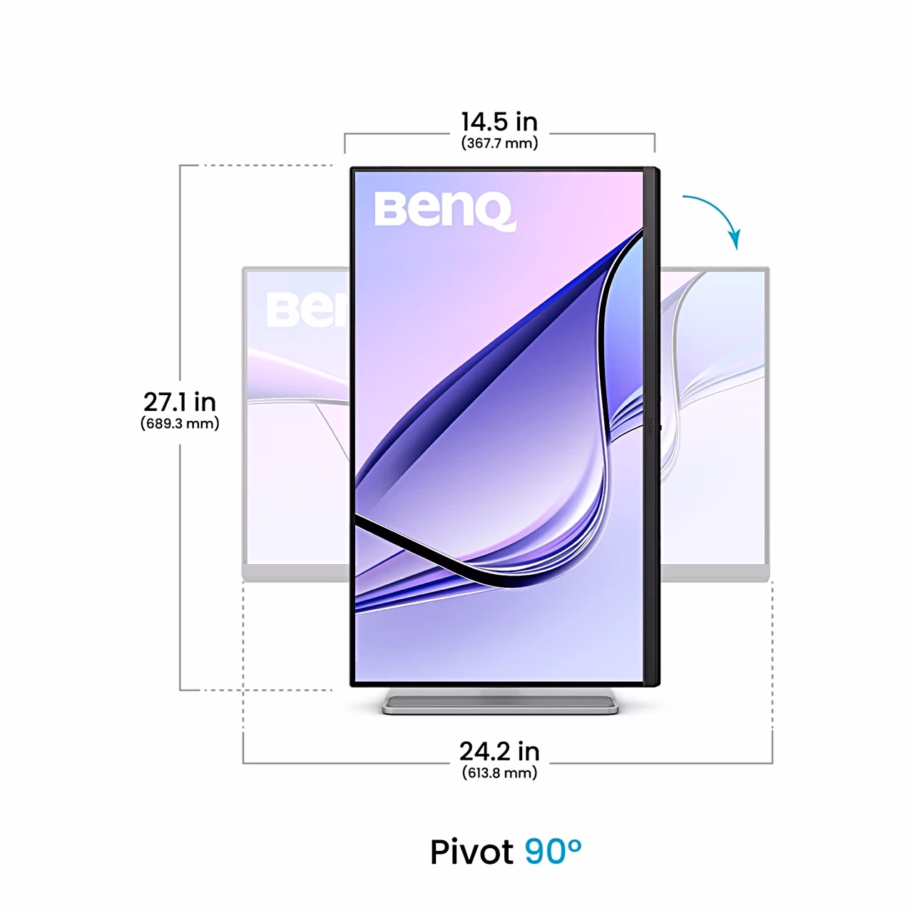 BenQ MA270UP püstasendisse keeratud ekraan koos mõõtudega tollides