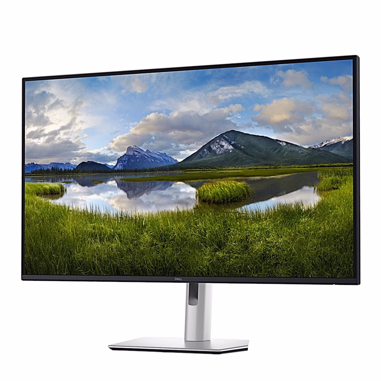 Dell P3225DE kuvar vasakult küljelt nurga all maastikuga