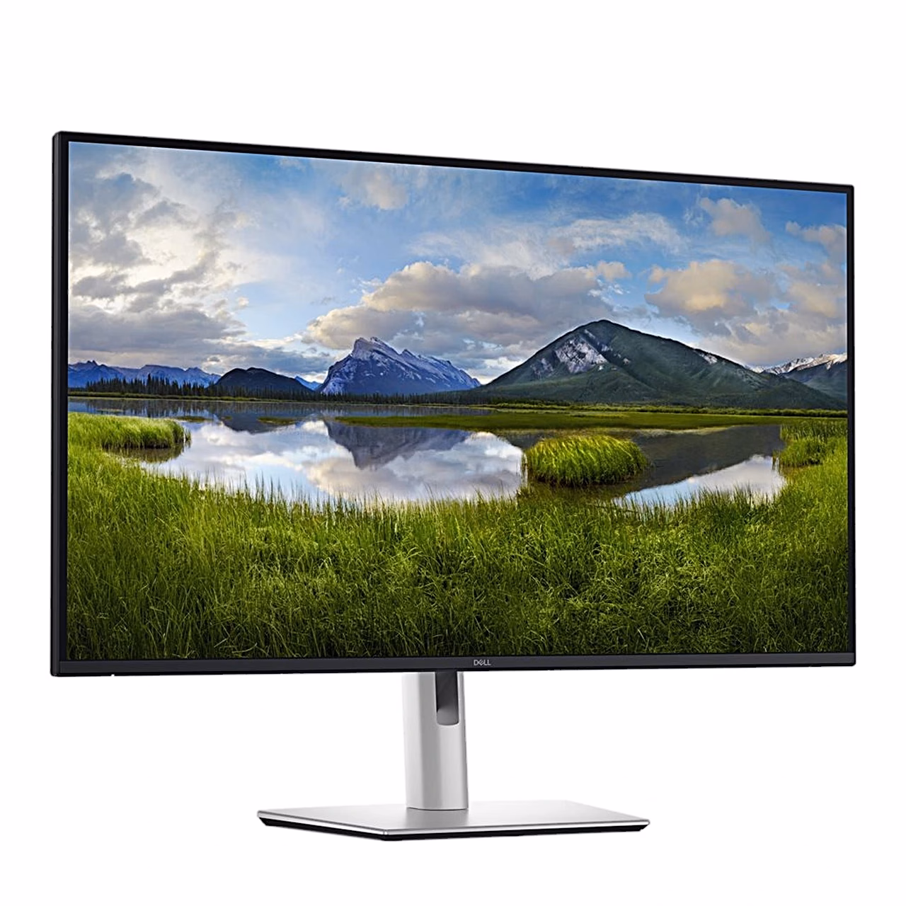 Dell P3225DE arvutiekraan paremalt küljelt nurga all maastikuga