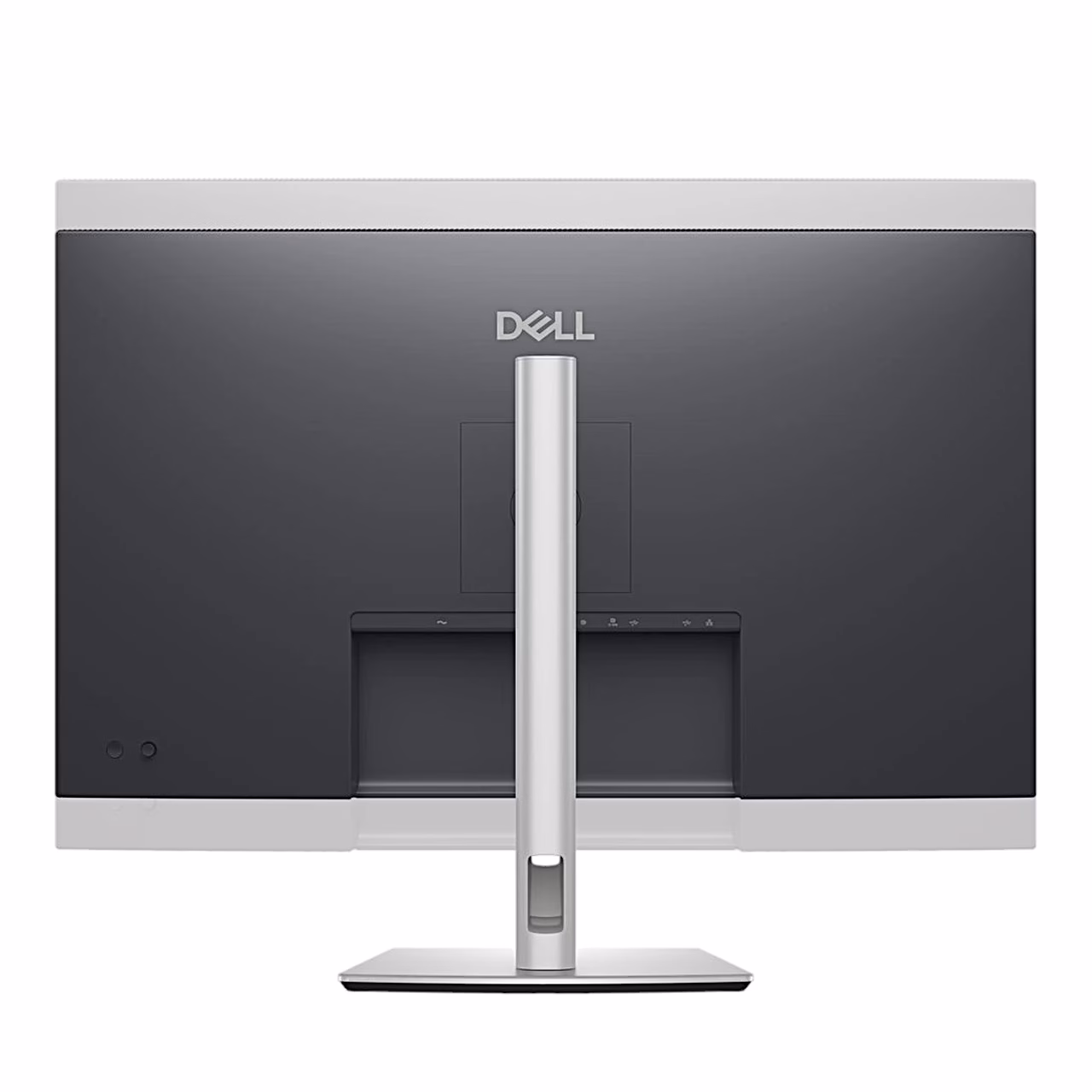 Dell P3225QE monitori tagakülg kõrgeimas asendis, alus ja pordiala