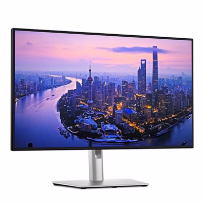 Arvutimonitor Dell UltraSharp U2725QE hõbedasel jalal, vasakult nurga alt