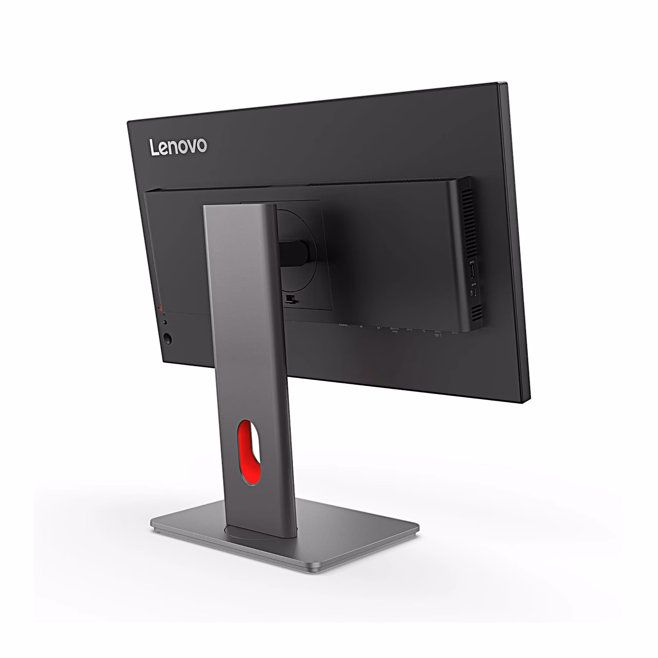Lenovo ThinkVision P24QD-40 tagakülg vasakult, punane kaabliava alusel
