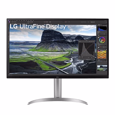 LG 32UQ850V-W arvutimonitor eestvaates hõbedasel kaarjalal