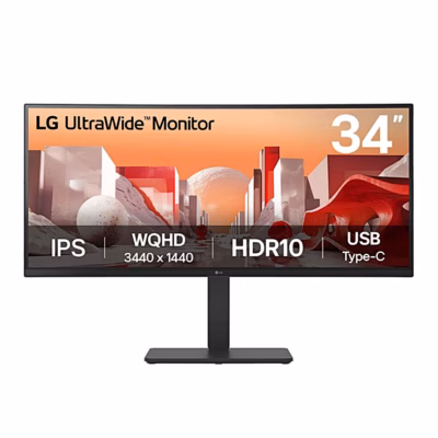 Arvutimonitor LG 34BA75QE-B eestvaates, ekraanil IPS, WQHD, HDR10 ja USB-C
