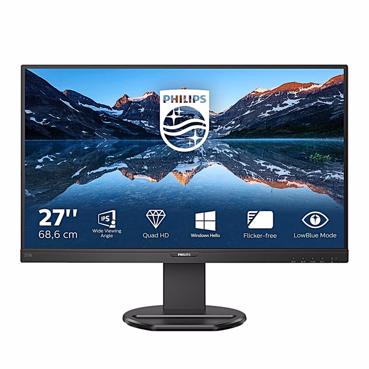 Arvutimonitor Philips 276B9/00 eestvaates, ekraanil 27-tollise diagonaali ja funktsioonide ikoonid