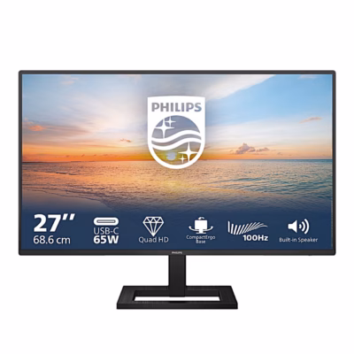 Arvutimonitor Philips 27E1N1600AE eestvaates, ekraanil omaduste ikoonid