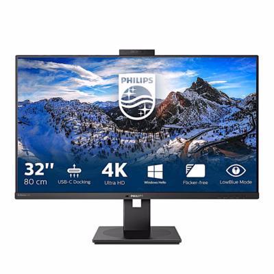 Arvutimonitor Philips 329P1H eestvaates, ekraanil 4K ja USB-C-doki ikoonid
