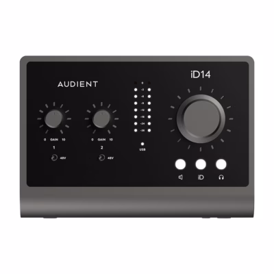 USB-helikaart Audient iD14 MKII ülevalt: Gain-nupud, tasemenäidik ja suur helitugevuse nupp