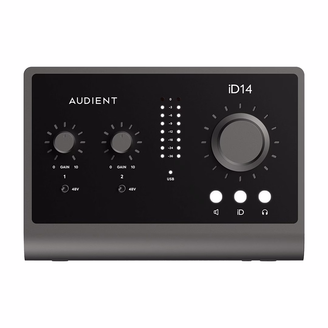 USB-helikaart Audient iD14 MKII ülevalt: Gain-nupud, tasemenäidik ja suur helitugevuse nupp