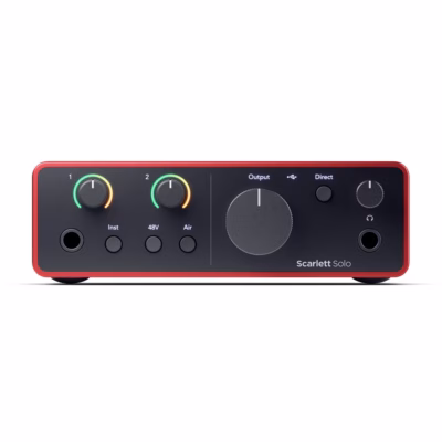 USB-helikaart Scarlett Solo 4th Gen otse eest, kaks Gain-nuppu ja Output-nupp