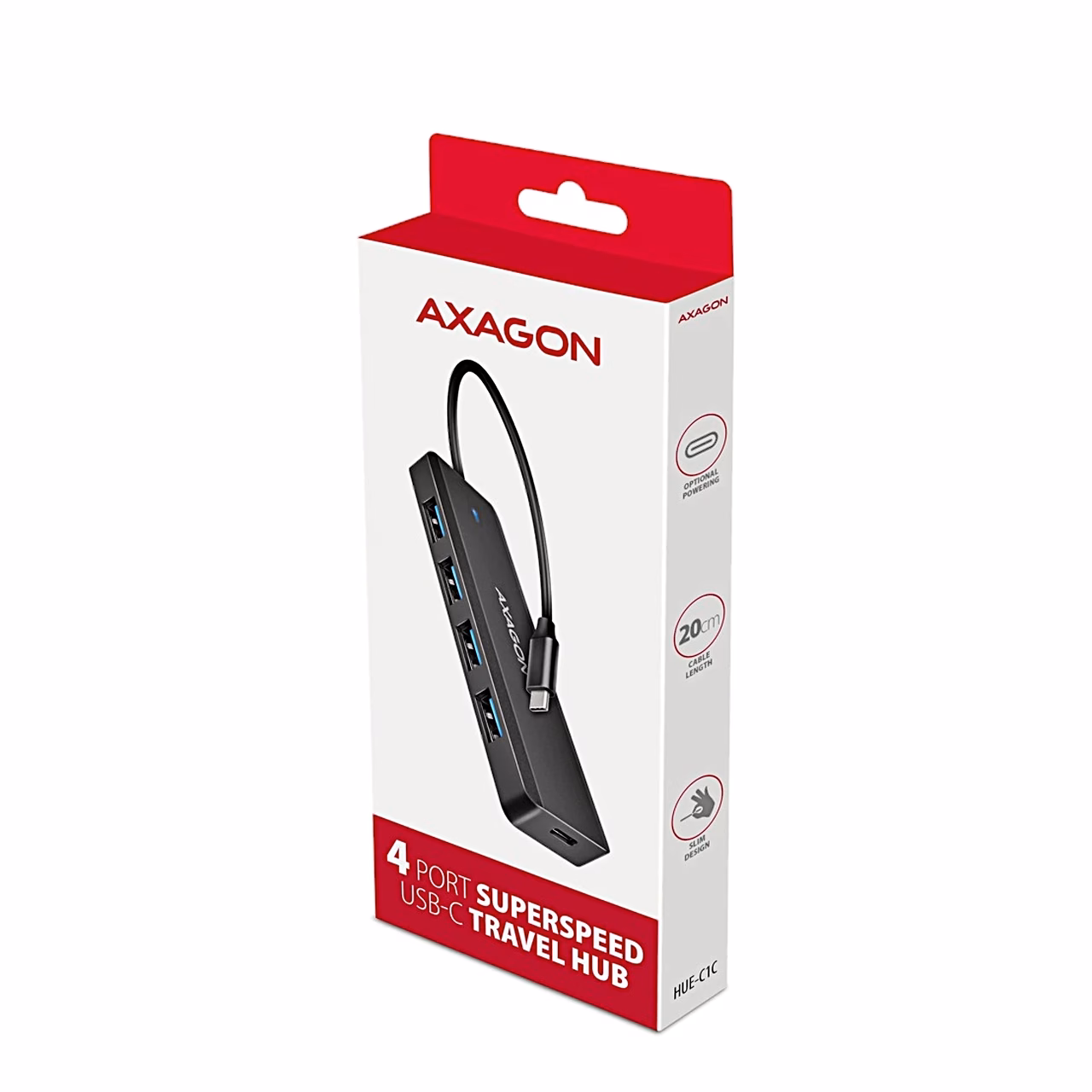 USB-jagaja AXAGON HUE-C1C punavalges riputusavaga pakendis
