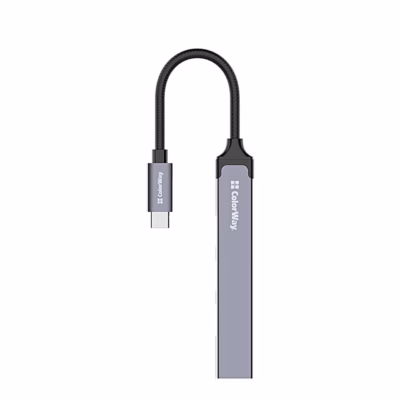 USB-jagaja ColorWay CW-HUB04 kaabel ja USB-C-pistik lähivaates