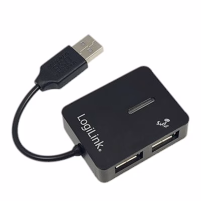 Must USB-jagaja LogiLink UA0139 kinnitatud USB-A-kaabliga, kaks porti küljel