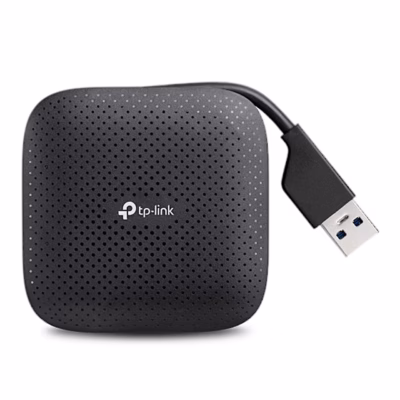 Must TP-Link UH400 USB-jagaja pealtvaates ja USB-A-pistikuga kaabel