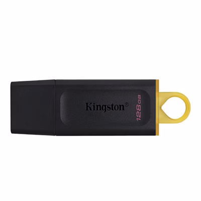 Must USB-mälupulk Kingston DataTraveler Exodia 128 GB kollase aasaga, eestvaade