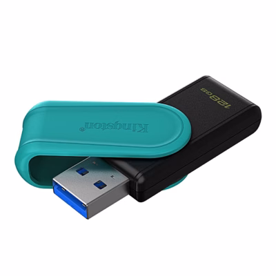 Kingston DataTraveler Exodia S 128 GB, türkiissinine kate avatud ja USB-A-pistik väljas