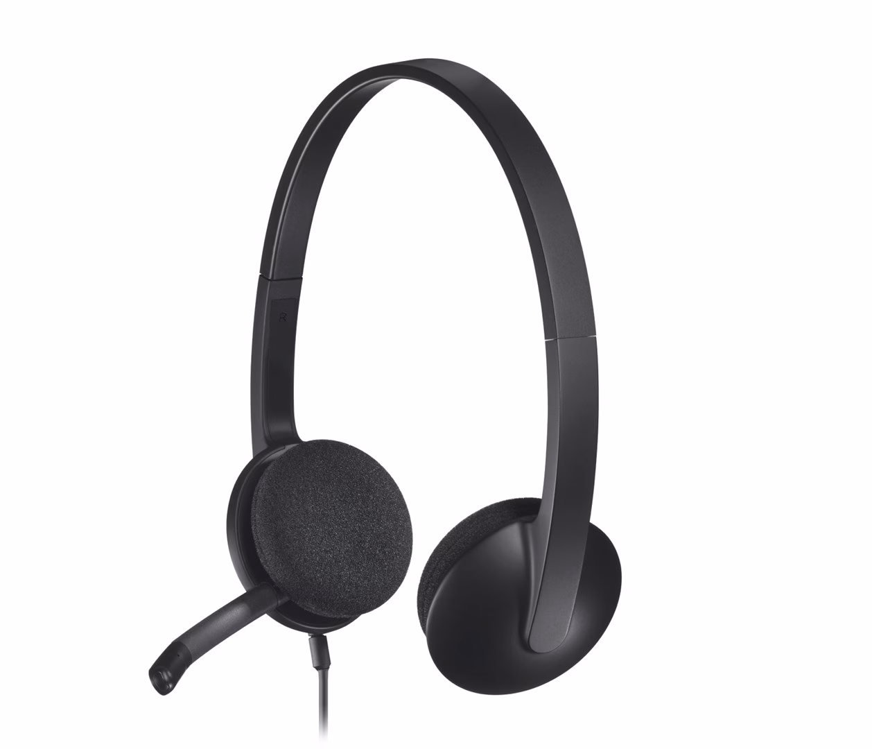 Logitech H340 peakomplekti vahtmaterjalist kõrvapadjad ja mikrofonivars eestvaates