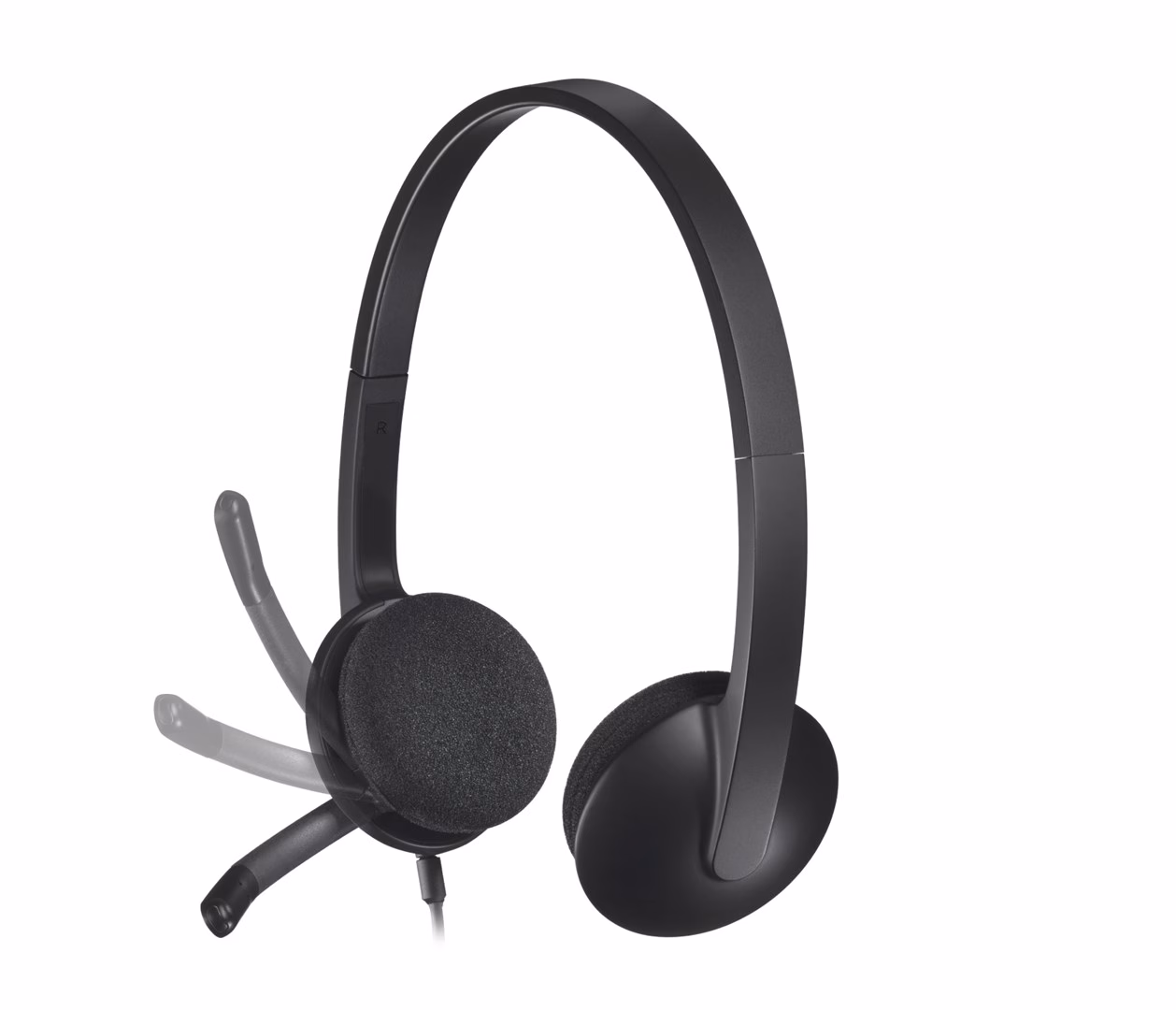 Logitech H340 peakomplekti mikrofonivarre liikumisulatus, vars pöördub üles peavõru poole