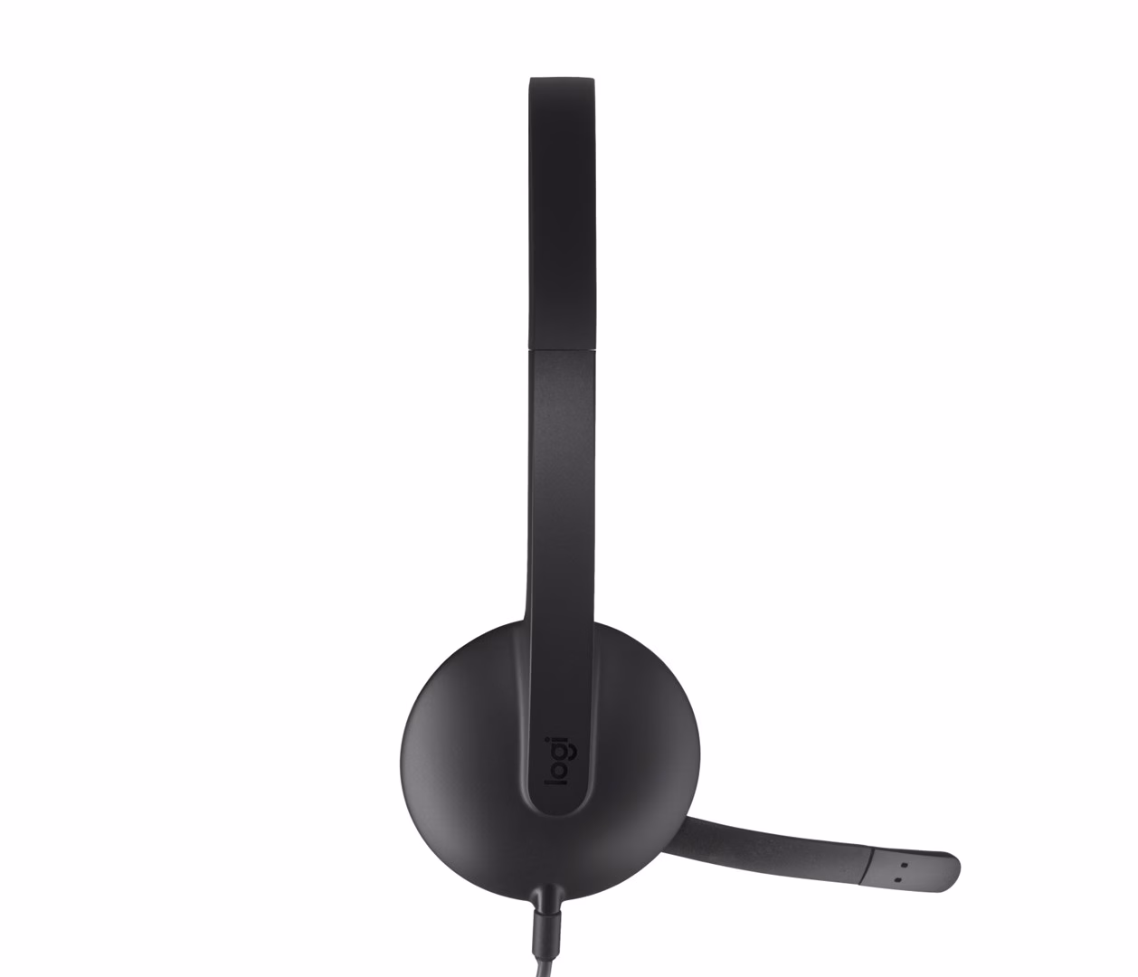 Logitech H340 peakomplekt külgvaates, peavõru ja ettepoole ulatuv mikrofonivars