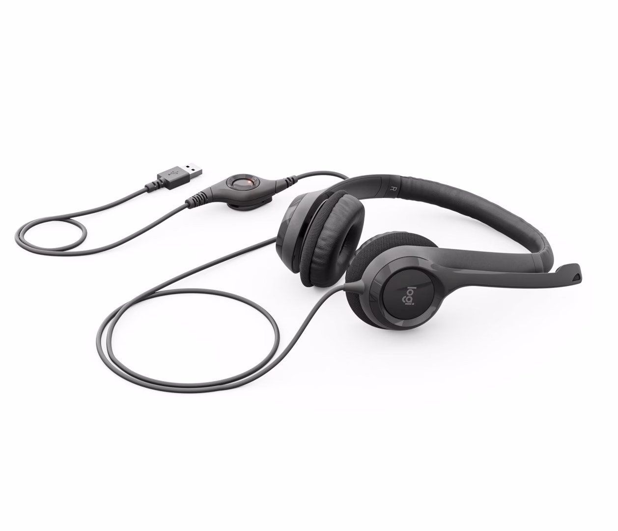 USB-peakomplekt Logitech H390 koos juhtme, juhtpuldi ja USB-A-pistikuga, vaade ülalt