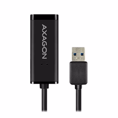 Musta korpusega USB-võrgukaart AXAGON ADE-SR ja USB-A-pistik ülalt